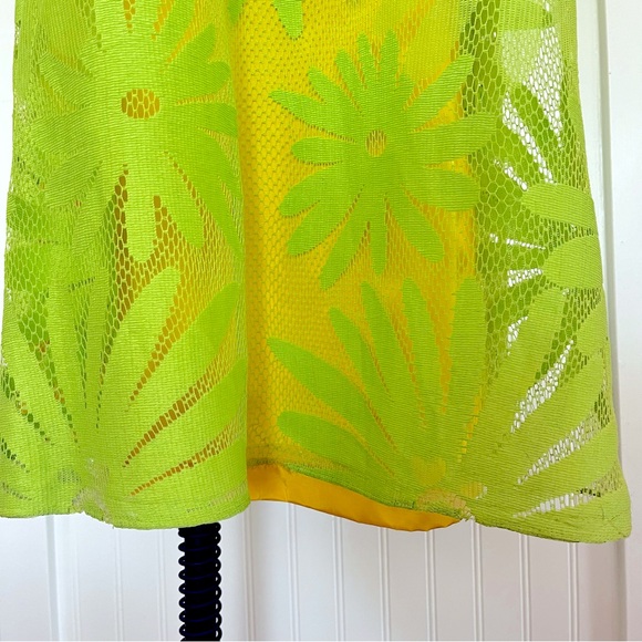 Vintage 60's Lime Green Floral Trapeze Mesh Lace Shift Dress Mod Flower Power - Picture 11 of 16